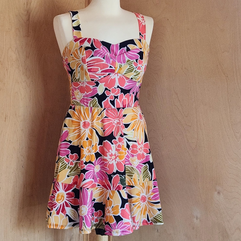 Floral Mini Dress Bright Y2K Fit & Flare Tropical Hawaiian Beachy Vacay Feminine